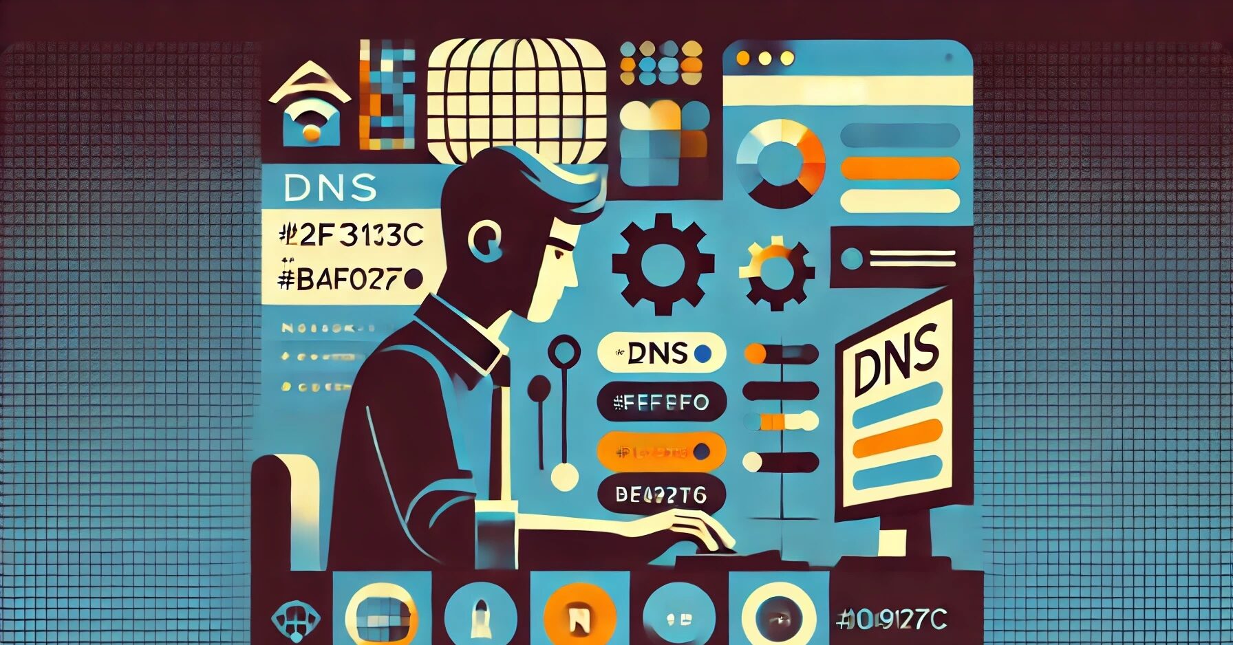 Illustration of a man working at a computer, configuring DNS settings.