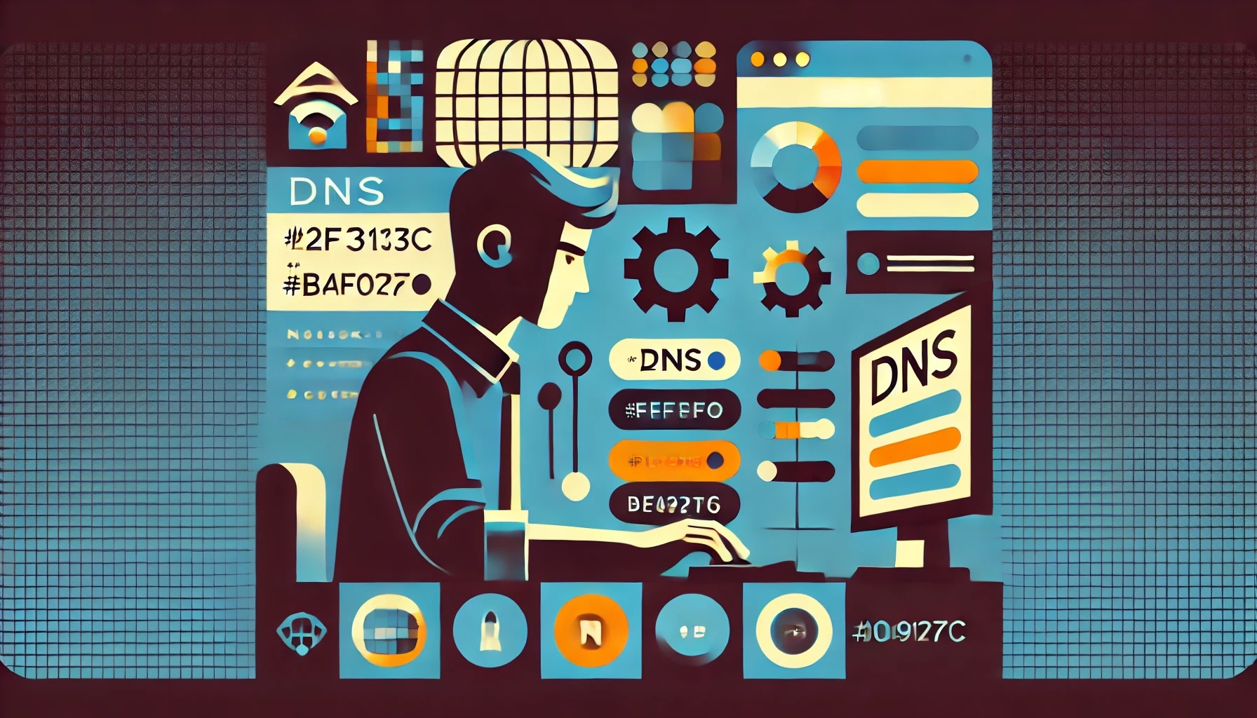 Illustration of a man working at a computer, configuring DNS settings.