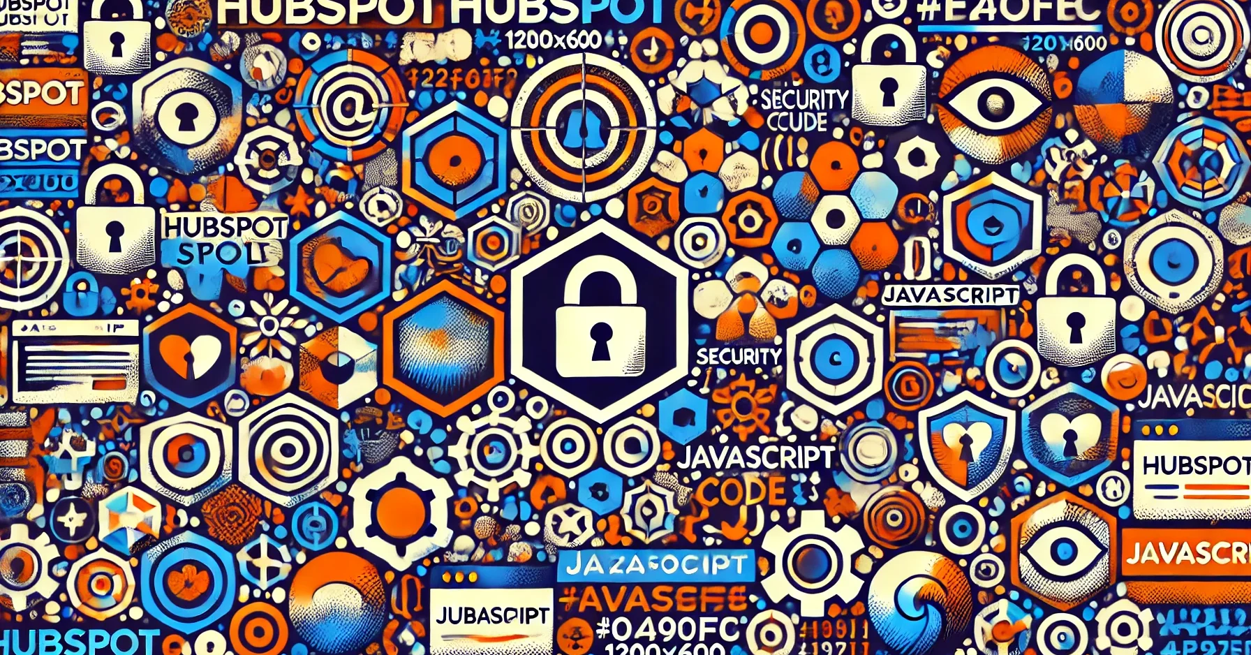 Silk screen-style image in a 1200x600 dimension depicting a vibrant collage of HubSpot symbols, security icons, and JavaScript code elements. The composition includes HubSpot logos, shields, lock icons, and abstract JavaScript syntax symbols arranged in layers to create depth. The color palette features dark tones with accents in light blue, white, soft teal, yellow, purple, and pink, creating a bold, textured contrast that highlights each element distinctly."