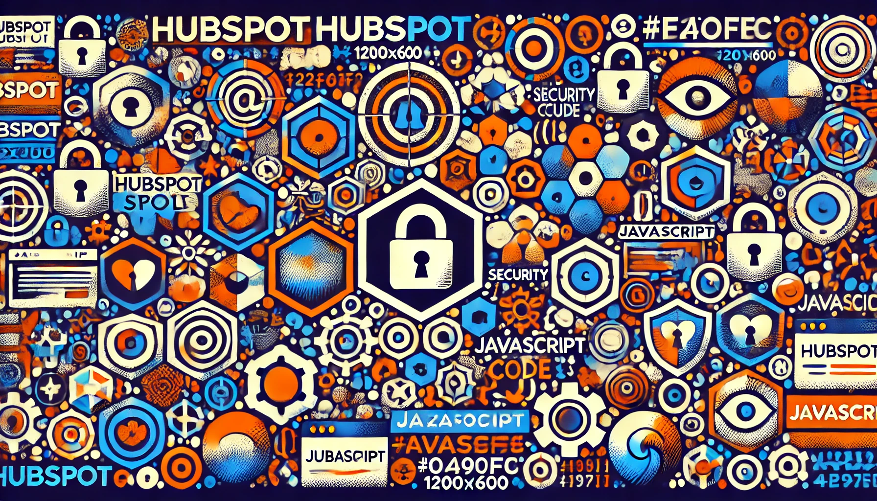 Silk screen-style image in a 1200x600 dimension depicting a vibrant collage of HubSpot symbols, security icons, and JavaScript code elements. The composition includes HubSpot logos, shields, lock icons, and abstract JavaScript syntax symbols arranged in layers to create depth. The color palette features dark tones with accents in light blue, white, soft teal, yellow, purple, and pink, creating a bold, textured contrast that highlights each element distinctly."