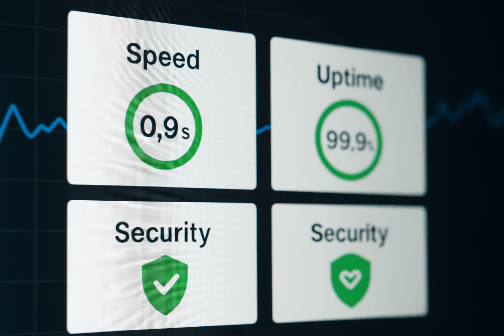 Computer screen displaying website analytics with speed, uptime, and security metrics.
