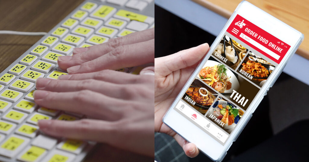User navigating a website with assistive technology and mobile phone for accessibility and mobile design”