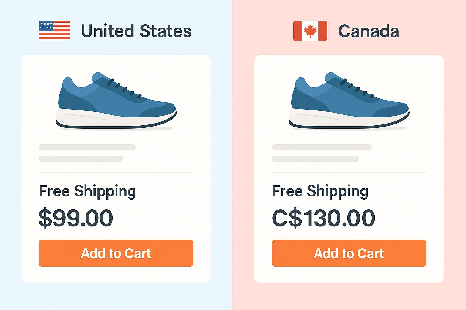 Localized web content for U.S. and Canadian audiences with adjusted currency and language”