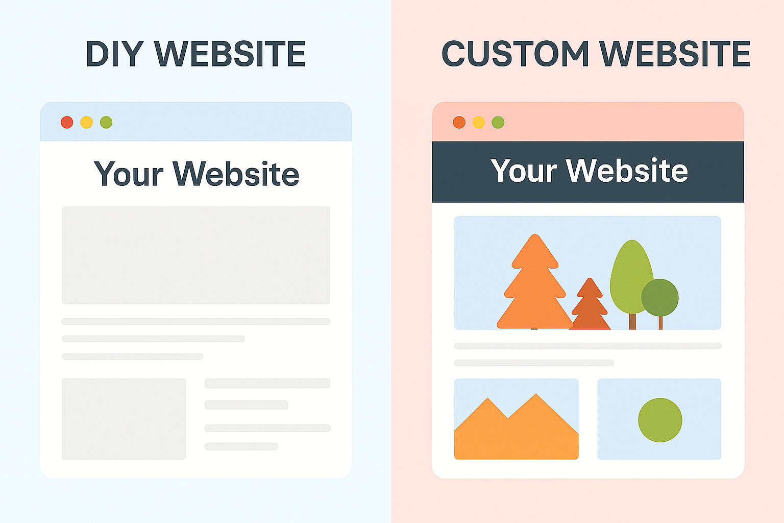 Side-by-side comparison of DIY template site versus professionally designed custom website