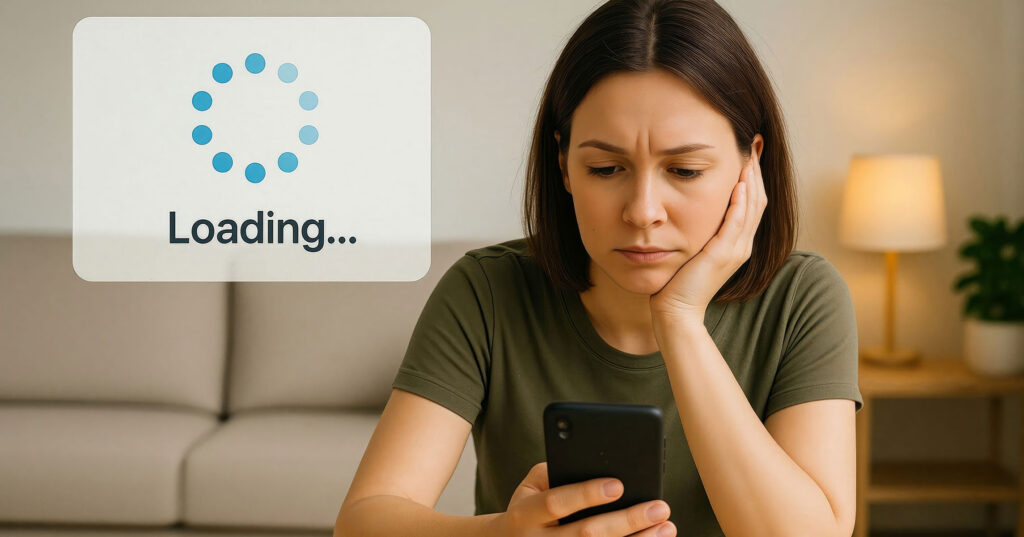 Frustrated user dealing with poor web design, slow load time, and accessibility issues