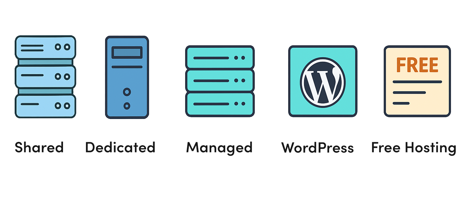 Illustration showing five types of web hosting represented by different server stacks labeled shared, dedicated, managed, WordPress, and free.

