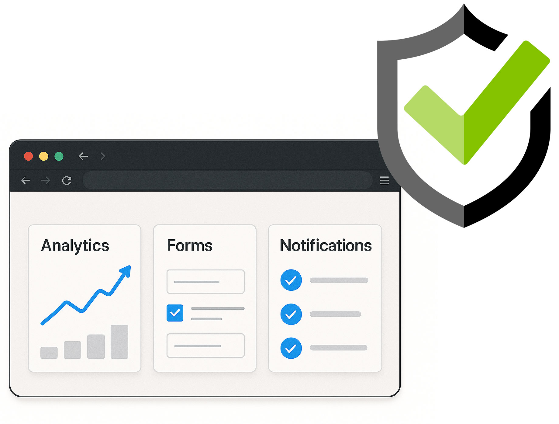 Illustration of a busy website dashboard showing analytics, forms, and notifications working smoothly.