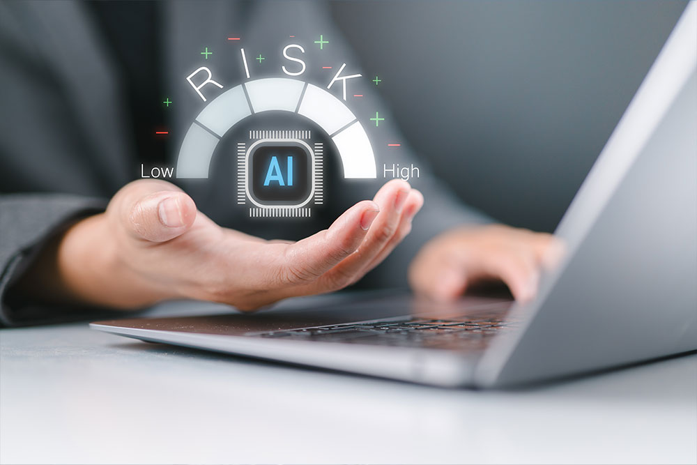Hand holding superimposed AI Risk meter