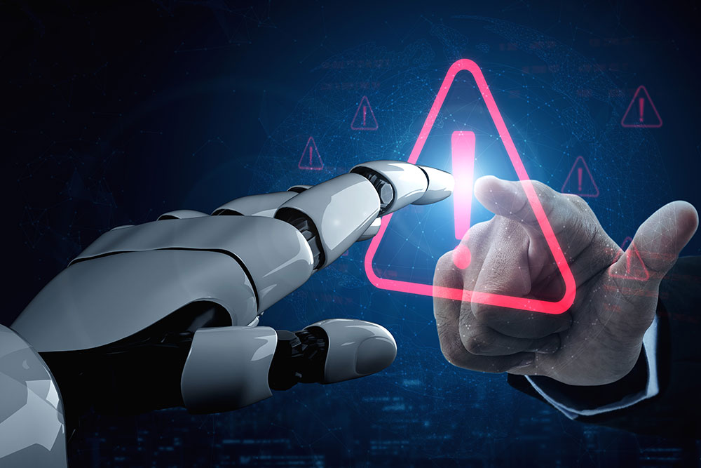 Human and Robot fingers touching, creating a warning sign