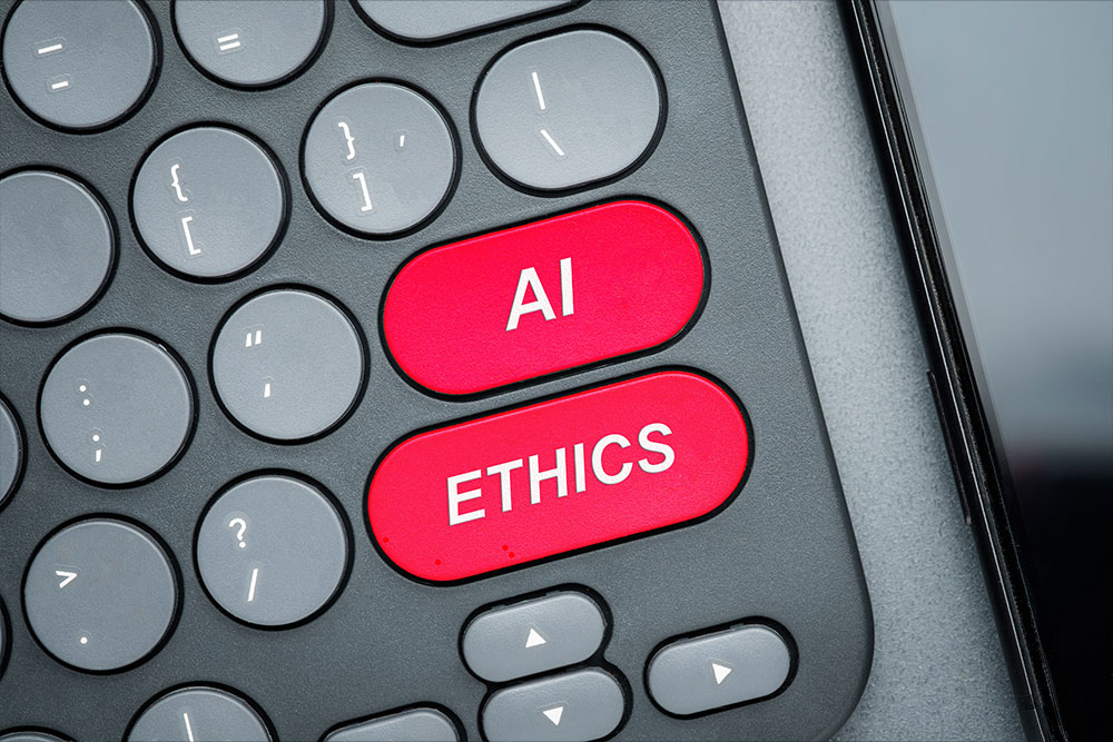 Computer keyboard with red AI Ethics button