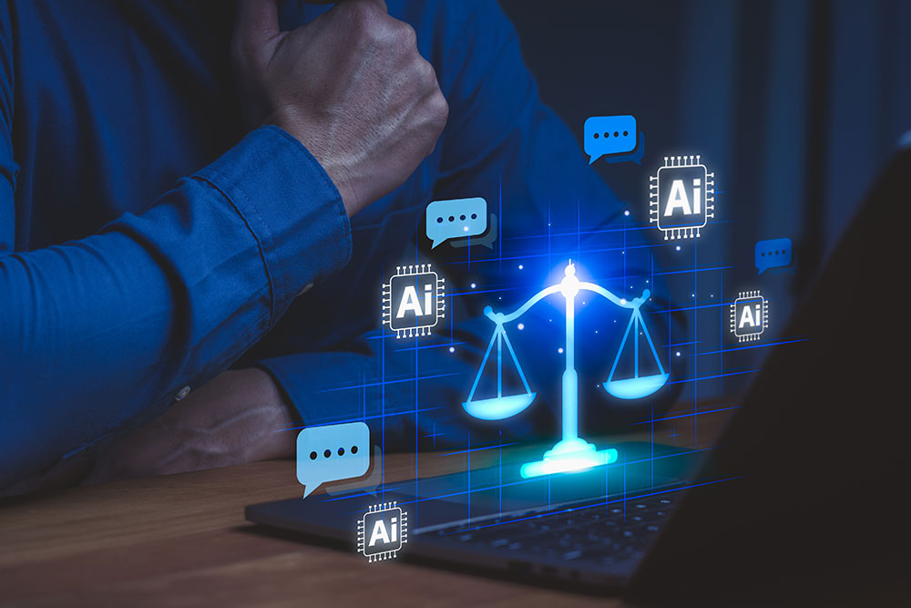 Laptop with AI icons and legal scale superimposed